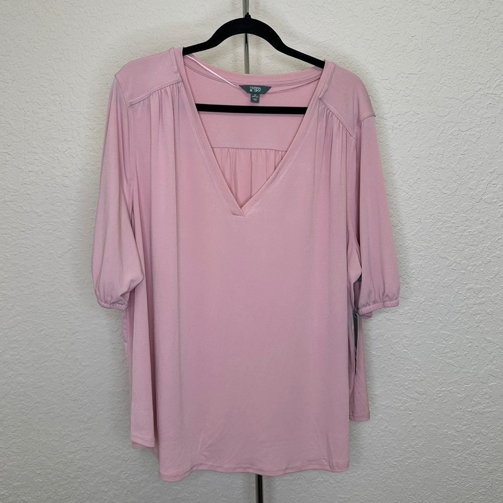 Terra & Sky Dark Rose Elbow Sleeve V-Neck Tee Plus Size 2X 20W-22W Pink Blouse
